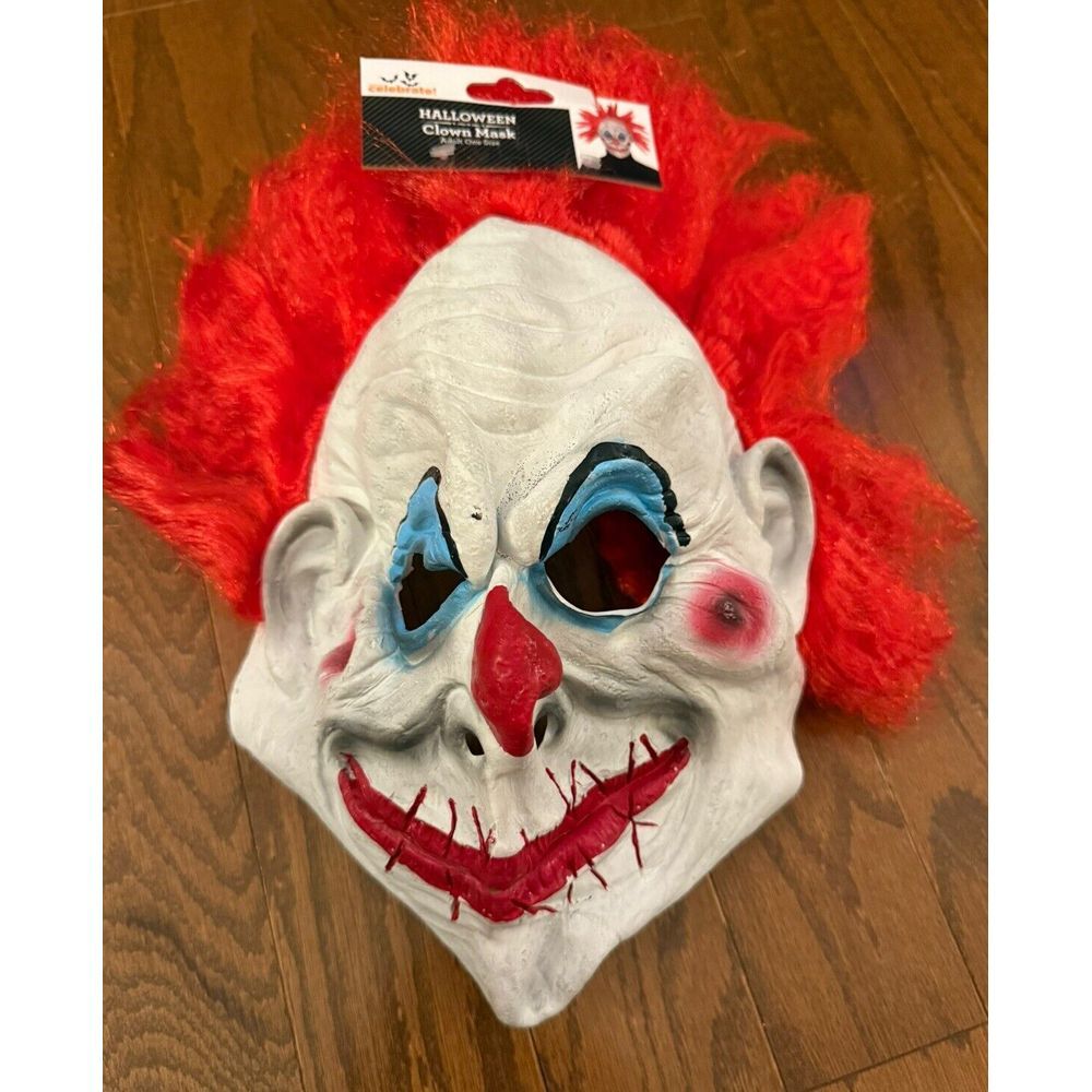 Halloween Clown‎ Mask Latex Creepy Scary + Attached Red Wig Adult One Size NEW!